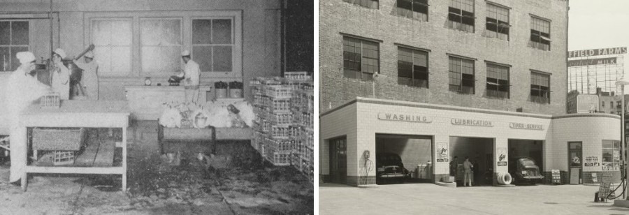 Left: Interior of Sheffield Farms milk processing plant (now Prentis Hall); right: nearby gas station.