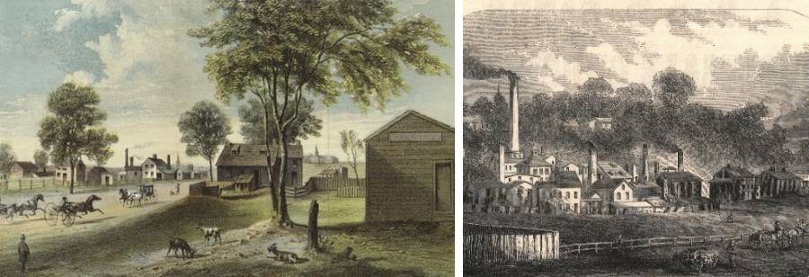Left: Harlem-Lane from Central Park to Manhattanville, 1865; right: early industry—Daniel F. Tiemann Paint Factory, circa 1850.
