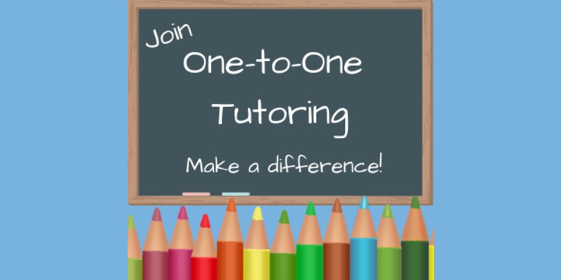 An artistic rendering of a chalkboard that says "Join One-to-One Tutoring, Make a difference!" with a row of colored pencils below it.
