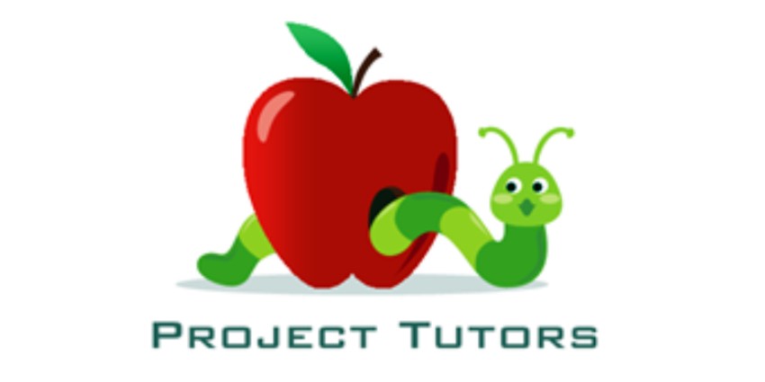 Project Tutors logo, with a green caterpillar emerging from a red apple.