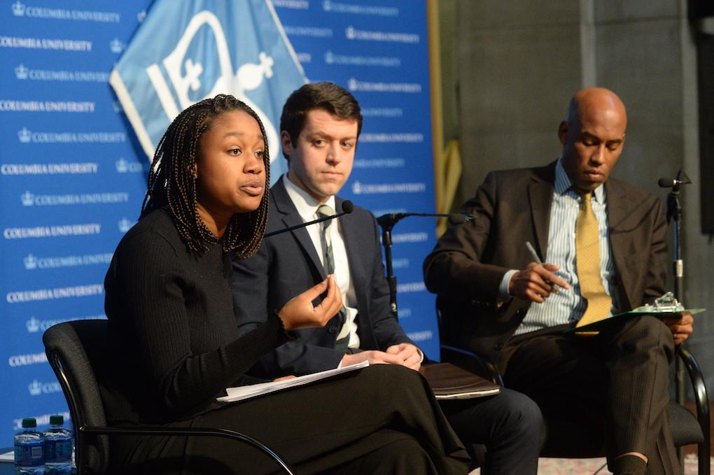 Left: Columbia University students Jordan Brewington (CC’17) and Jared Odessky (CC’15) discussing their research projects. (Eileen Barroso, University Photographer) Left: Columbia University students Jordan Brewington (CC’17) and Jared Odessky (CC’15) discussing their research projects.