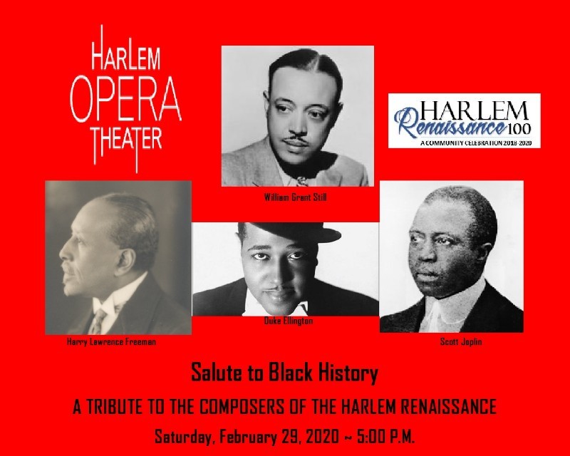 Event flyer with details and pictures of 4 composers (William Grant Still, Harry Lawrence Freeman, DUke Ellington, Scott Joplin).