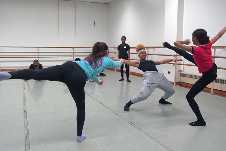 Annelise Eileraas (BC'25) and HSA teens improvise movement connections