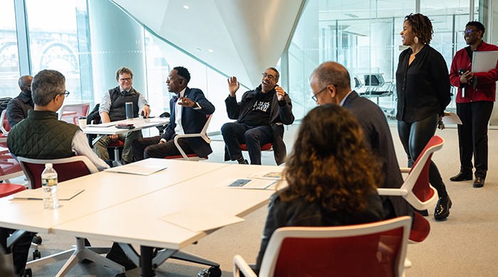 Leaders gather in the Columbia Business School Innovation Lab (I-Lab), to make introductions and learn more about the SBDC. Photo by Diane Bondareff. Leaders gather in Columbia's Innovation Lab.