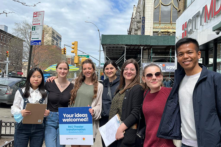 Seven School of International and Public Affairs students (Catarina Caricati, Alexia Ipiotis, Badi Siruno, Kaitlin O’Connell, Madeline Ninno, Paulina Bustos, and Qihan Zhou), who are a part of the Columbia Impact Investing Initiative developed a survey and hit the ground in April to connect with local residents and determine their wishes for the RKO Hamilton Theater in Hamilton Heights. Photo courtesy Alexia Ipiotis. SIPA Students in front of the RKO Hamilton Theater in Hamilton Heights.