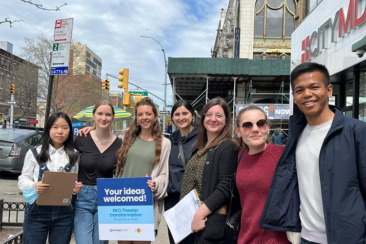 SIPA Students in front of the RKO Hamilton Theater in Hamilton Heights. 