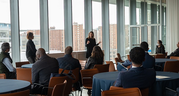  Gwen Shufro, Director of the Tamer Center for Social Enterprise, gives a chat in the Dining Room in Kravis Hall. 