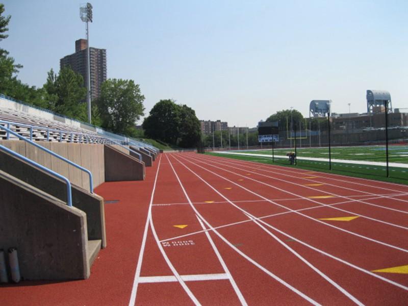 A close-up of the Lawrence A. Wien Stadium Track