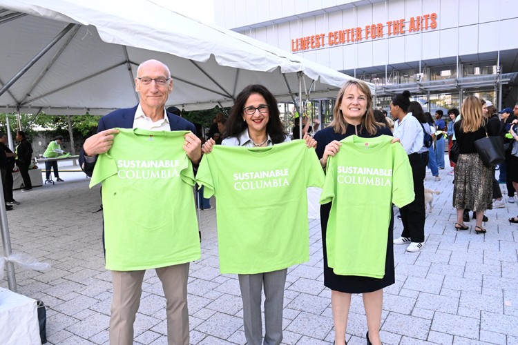  Teachers College President Thomas Bailey, Columbia President Minouche Shafik, and Barnard President Laura Rosenbury hold up "Sustainable Columbia" T-shirts in front of the Lenfest Center for the Arts building in Manhattanville.