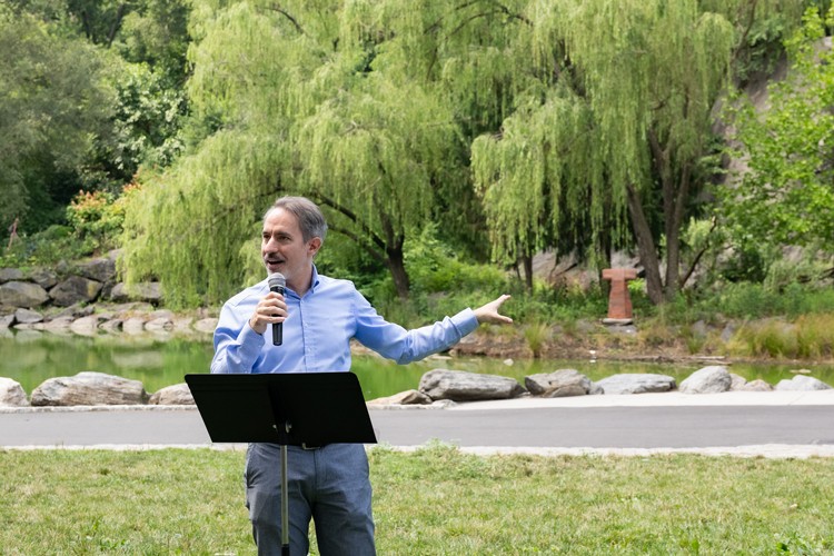 Adrian Brügger, director of Robert A.W. Carleton Strength of Materials Laboratory at Columbia Engineering, which will repair the pumps that once fed a scenic waterfall above the pond. Photo credit: Diane Bondareff Adrian Brügger at the Morningside Park Pond.