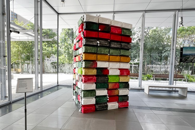 A "Got the Power: Hip Hop 50 Boombox" sculpture on the first floor of the Lenfest Center for the Arts. Photo credit: Columbia Neighbors Bayete Ross Smith Sculpture
