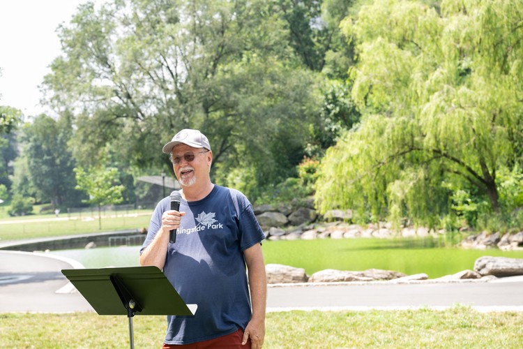 President of Friends of Morningside Park Brad Taylor delivers remarks at Morningside Park Pond. Photo credit: Diane Bondareff Brad Taylor at Morningside Park Pond