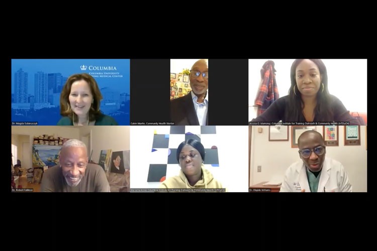 Screenshot of the November Community Health Worker's Town Hall panel including community health workers and health practitioners and doctors from NewYork-Presbyterian and Columbia University Irving Medical Center. 