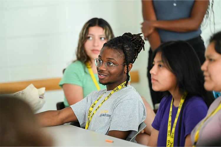 DDC students participate in active discussion during a sociology class on Columbia's campus. Photo by Diane Bondareff/Columbia University. A student engages in active discussion in the Double Discovery Center classroom.