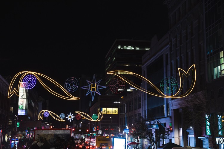 Lights on the 125th Street thoroughfare in Harlem during the holiday lights parade. 