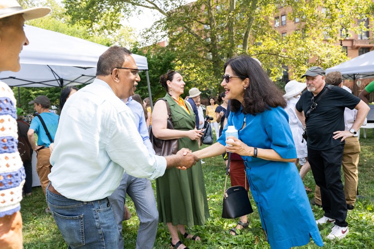 President Shafik with Joaquim Goes, Lamont research professor of biology and paleo environment at Columbia Climate School, whose team will lead the research. Photo credit: Diane Bondareff President Shafik shaking hands with Professor Joaquim Goes.