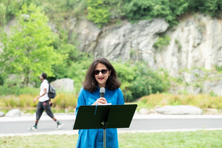 President Shafik speaking at Morningside Park Pond.