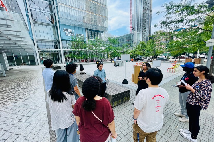 My Streetscape Summer School students in The Plaza at Columbia's Manhattanville campus. Photo credit: The Trust Collaboratory Students outside with professors during My Streetscape Summer School.