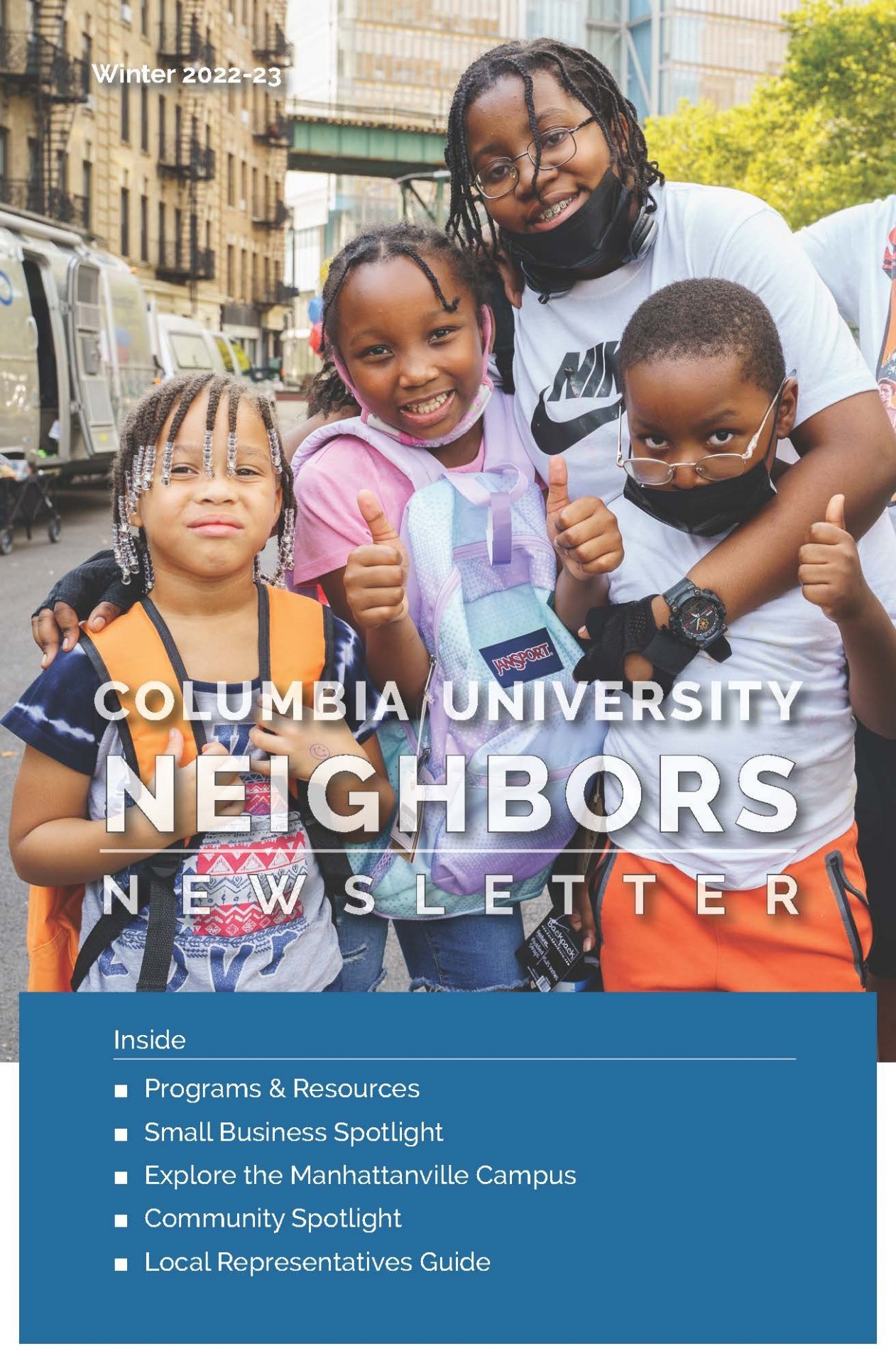 Four smiling kids on the cover of the Neighbors Newsletter Winter 2022-2203