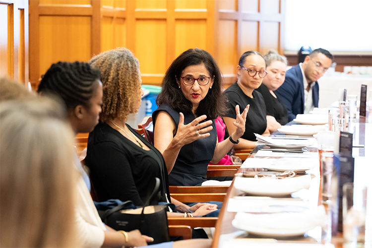 Columbia President Minouche Shafik speaks with Deputy Manhattan Borough President Keisha Sutton-James and a roundtable of community leaders. Photo by Diane Bondareff/Columbia University. Columbia President Minouche Shafik speaks with Deputy Manhattan Borough President Keisha Sutton-James and a roundtable of community leaders.