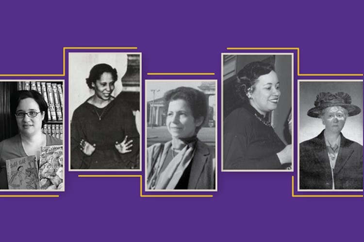 Historical images of women who worked at NYPL on a purple background