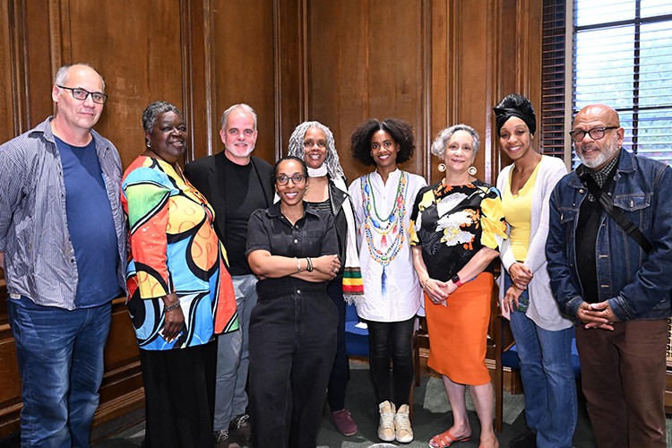 Bundles Scholars from the 11th cohort and previous cohorts gather in Low Library. From left to right: Marco Lienhard, Lil Nickelsen, Chris Lawrence, Regan Sommer McCoy, Bonita LloydNettles, Renita Croney, Glenna Meeks, Jillian Louallen, and Eric K. Washington. Photo by Eileen Barroso. Bundles Scholars from the 11th cohort and previous cohorts gather in Low Library.