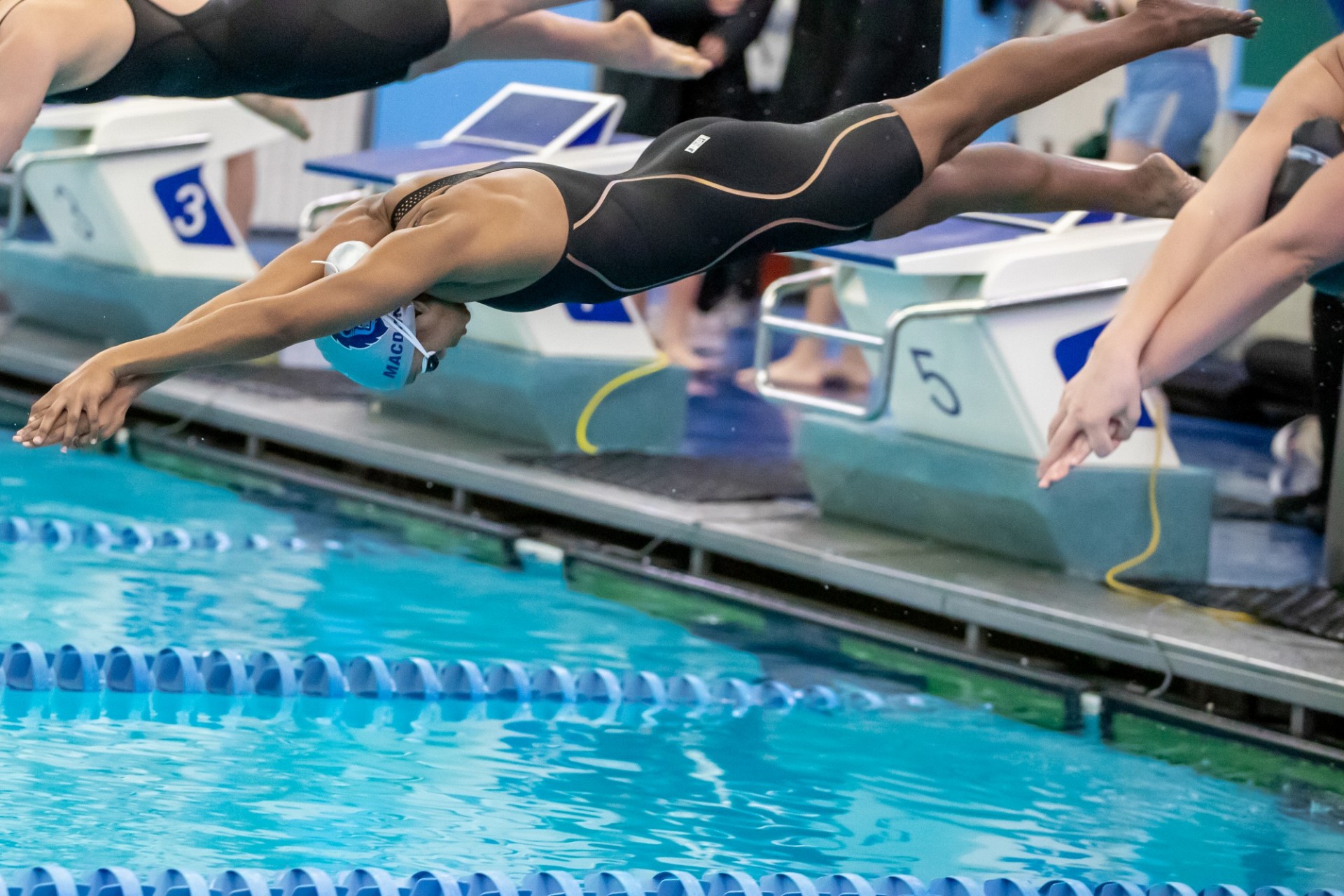 Emily MacDonald dives into a swimming pool during competition. Photo Credit: Columbia Athletics A woman dives into a competitive swimming pool.