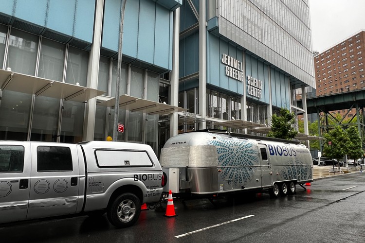 Biobus parked outside Columbia's Jerome L. Greene Science Center