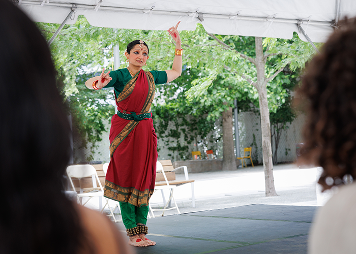 Sloka Iyengar performs Bharatanatyam dance as part of her presentation on "Understanding the Brain through Dance" during Zuckerman Institute's "The Artful Mind: A Celebration of the Brain, Art, and Wellness." Photo by Sirin Samman. a performer at manhattanville community day