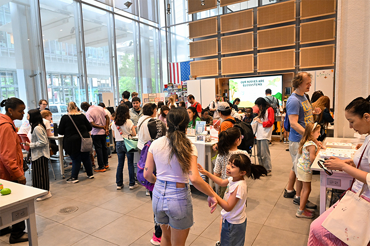 Saturday Science was bustling inside the Jerome L. Greene Science Center. Photo by Diane Bondareff. Saturday Science inside the Jerome L Green Building.
