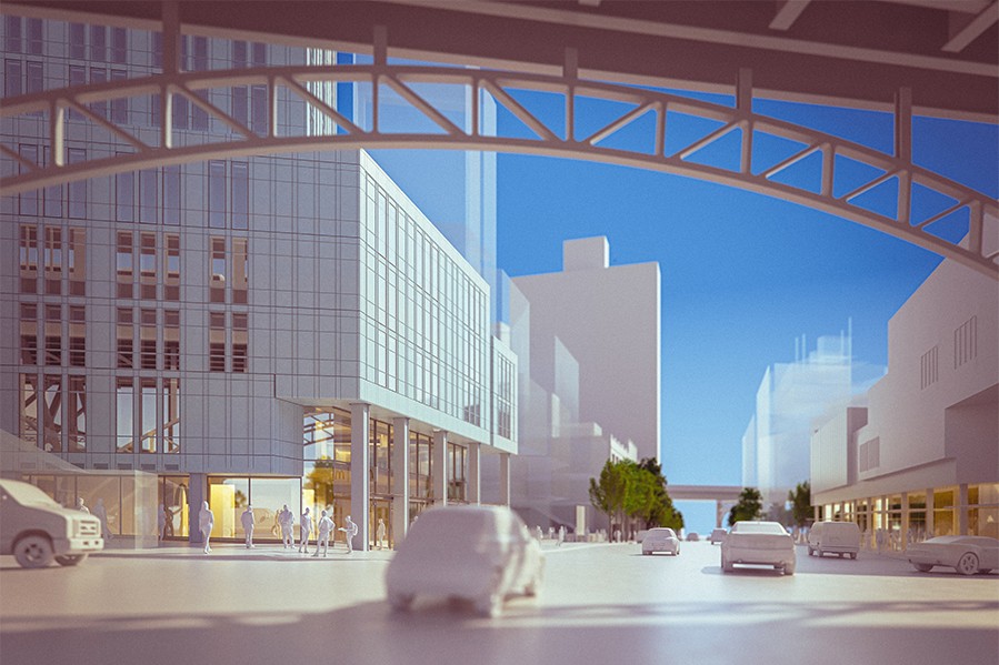 A rendering of 600 W. 125th Street from the street behind the above ground subway, looking west.