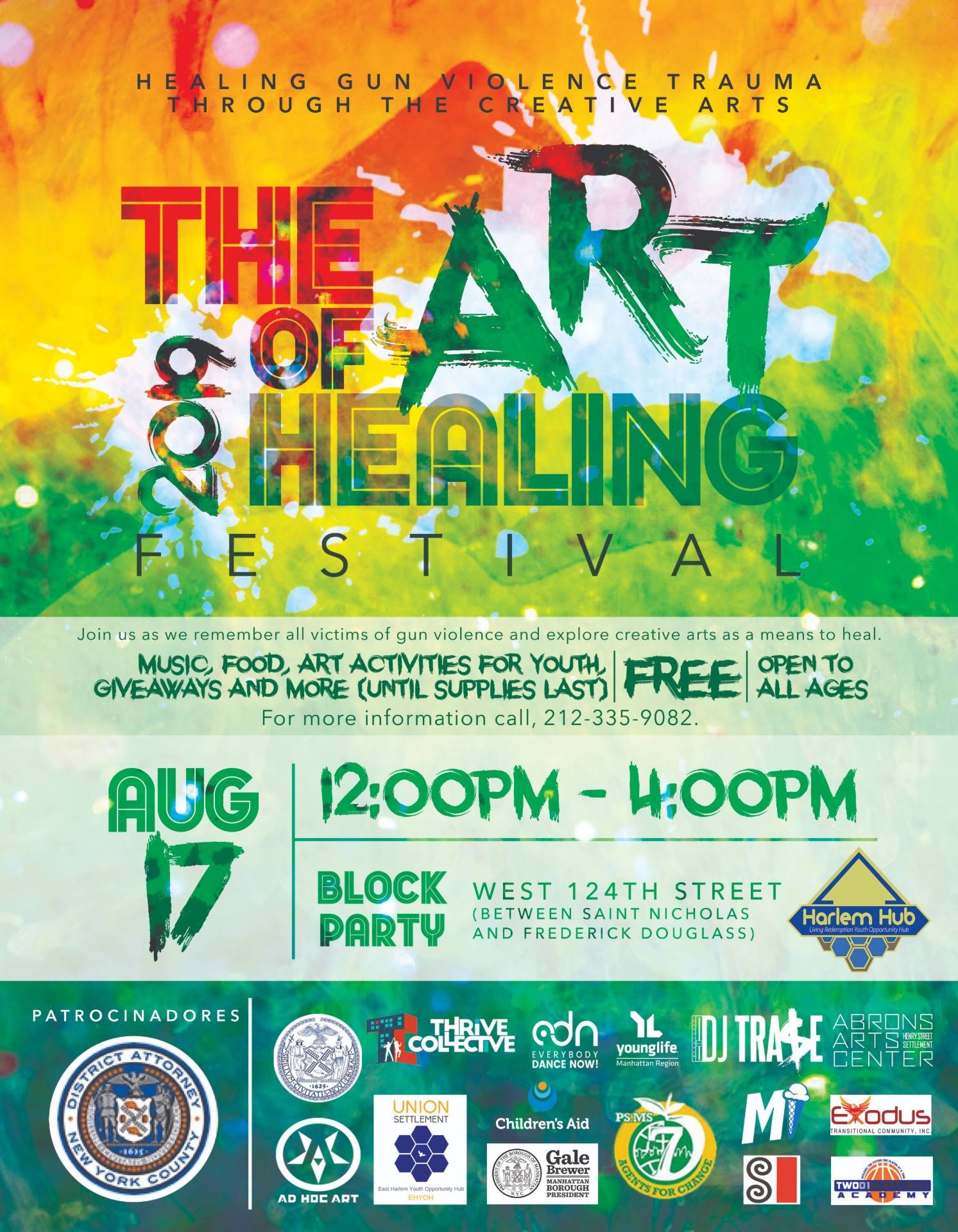 The Art of Healing Festival: Healing Gun Violence Trauma Through the Creative Arts flyer, with location, time, and activity information