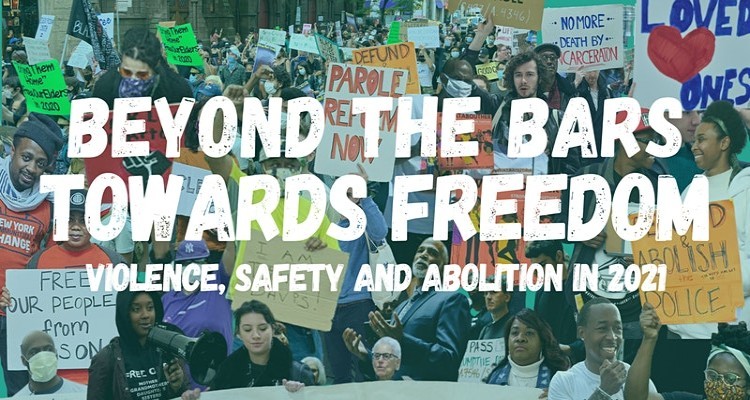 Beyond the Bars Poster with individuals holding signs in the background. 