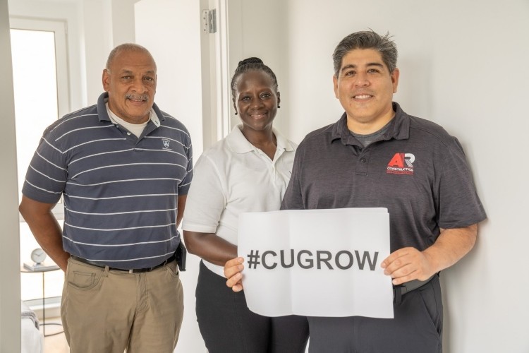 (R-L): Allan Suarez (CU Grow 2018) is joined by sub-contractor Diane Moore (CU Grow 2019 Alum) and Jose Rosa (CU Grow Expert Coach 2017-2019) to celebrate the completion of One St. Nicholas Park.