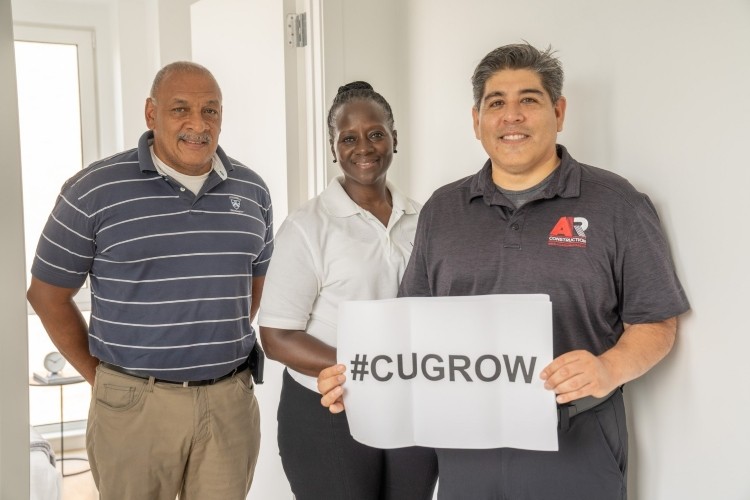 (R-L): Allan Suarez (CU Grow 2018) is joined by sub-contractor Diane Moore (CU Grow 2019 Alum) and Jose Rosa (CU Grow Expert Coach 2017-2019) to celebrate the completion of One St. Nicholas Park. (R-L): Allan Suarez (CU Grow 2018) is joined by sub-contractor Diane Moore (CU Grow 2019 Alum) and Jose Rosa (CU Grow Expert Coach 2017-2019) to celebrate the completion of One St. Nicholas Park.