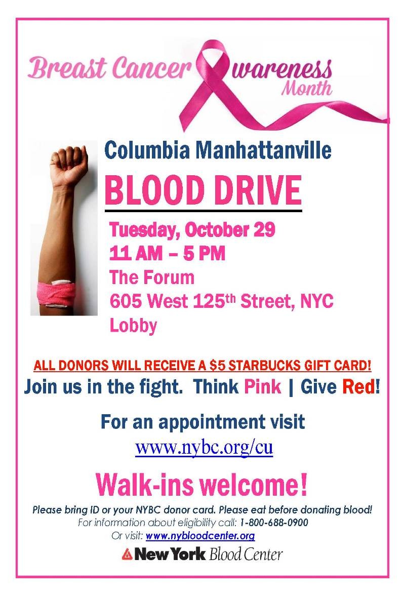 A flyer with the date, time, and location of the Manhattanville blood drive. It indicates that all donors will receive a $5 Starbucks gift card.