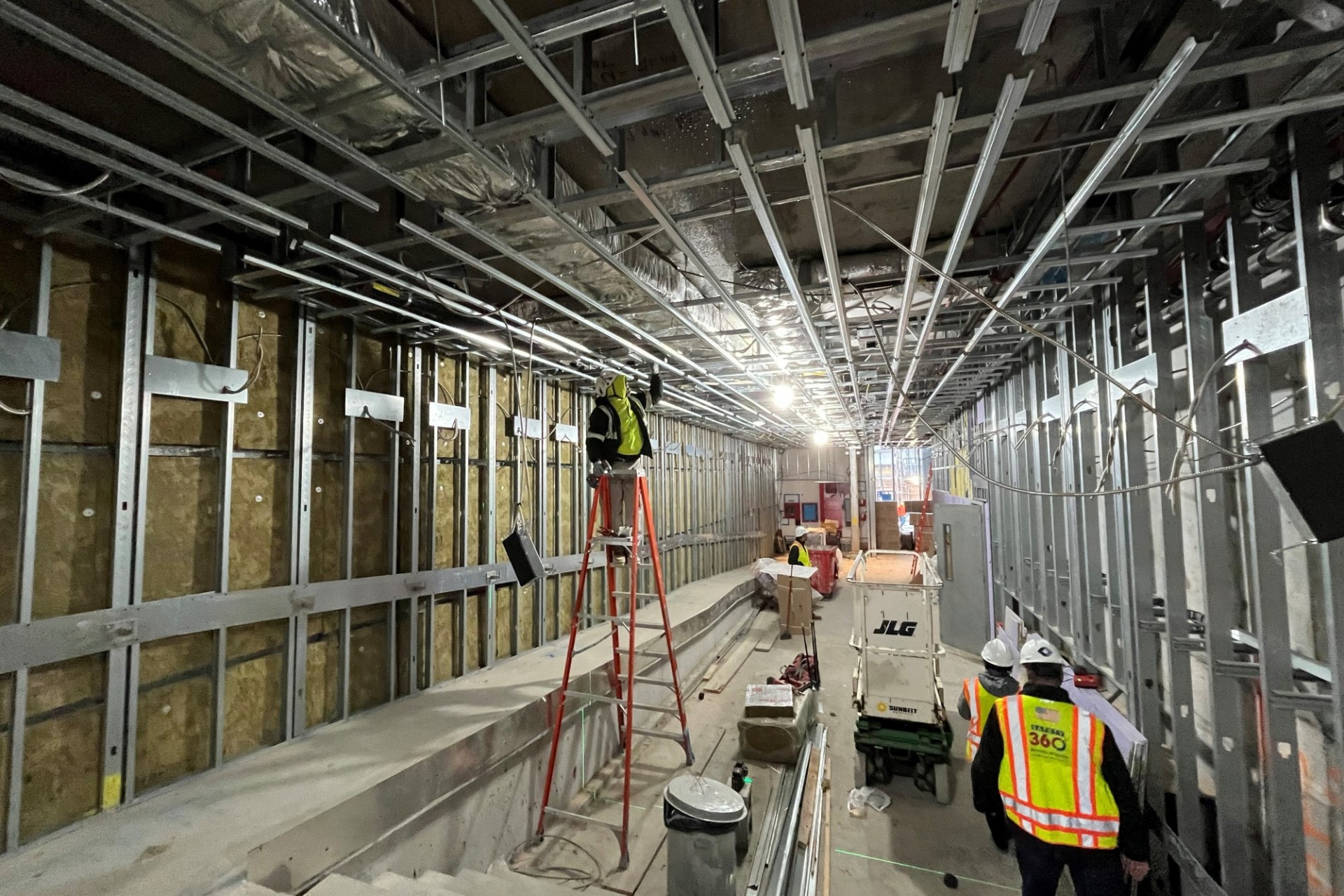 The lobby of 600 W. 125th Street that is under construction and has steel framing and insulation installed.