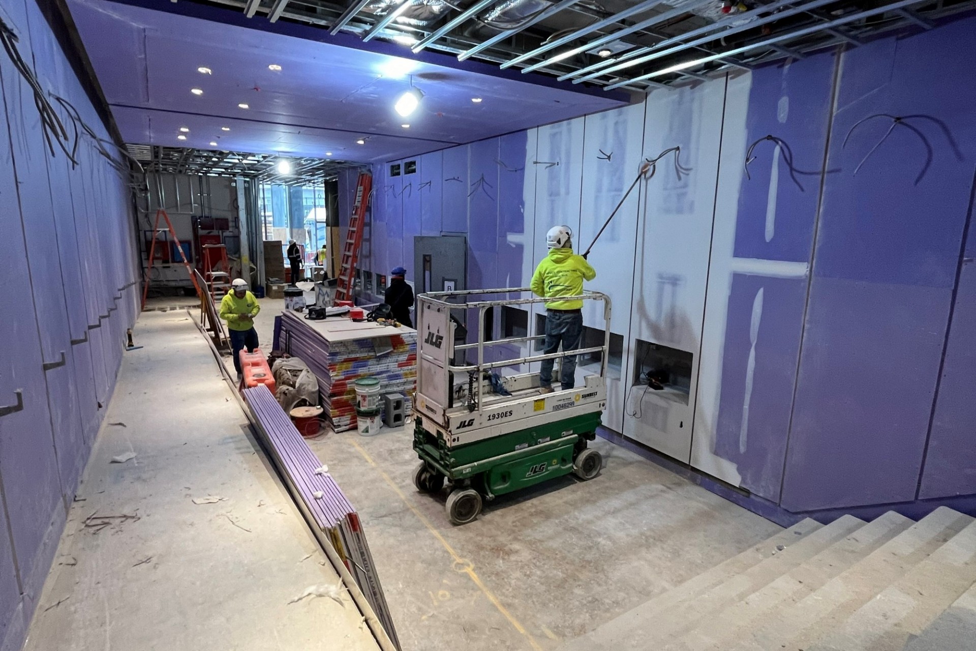 Construction of the interior of the lobby of 600 W. 125th Street with drywall being installed.