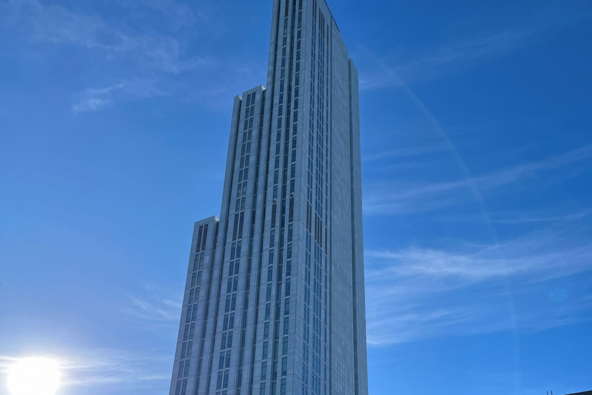 A view of the upper floors of 600 W. 125th Street on a sunny day. 