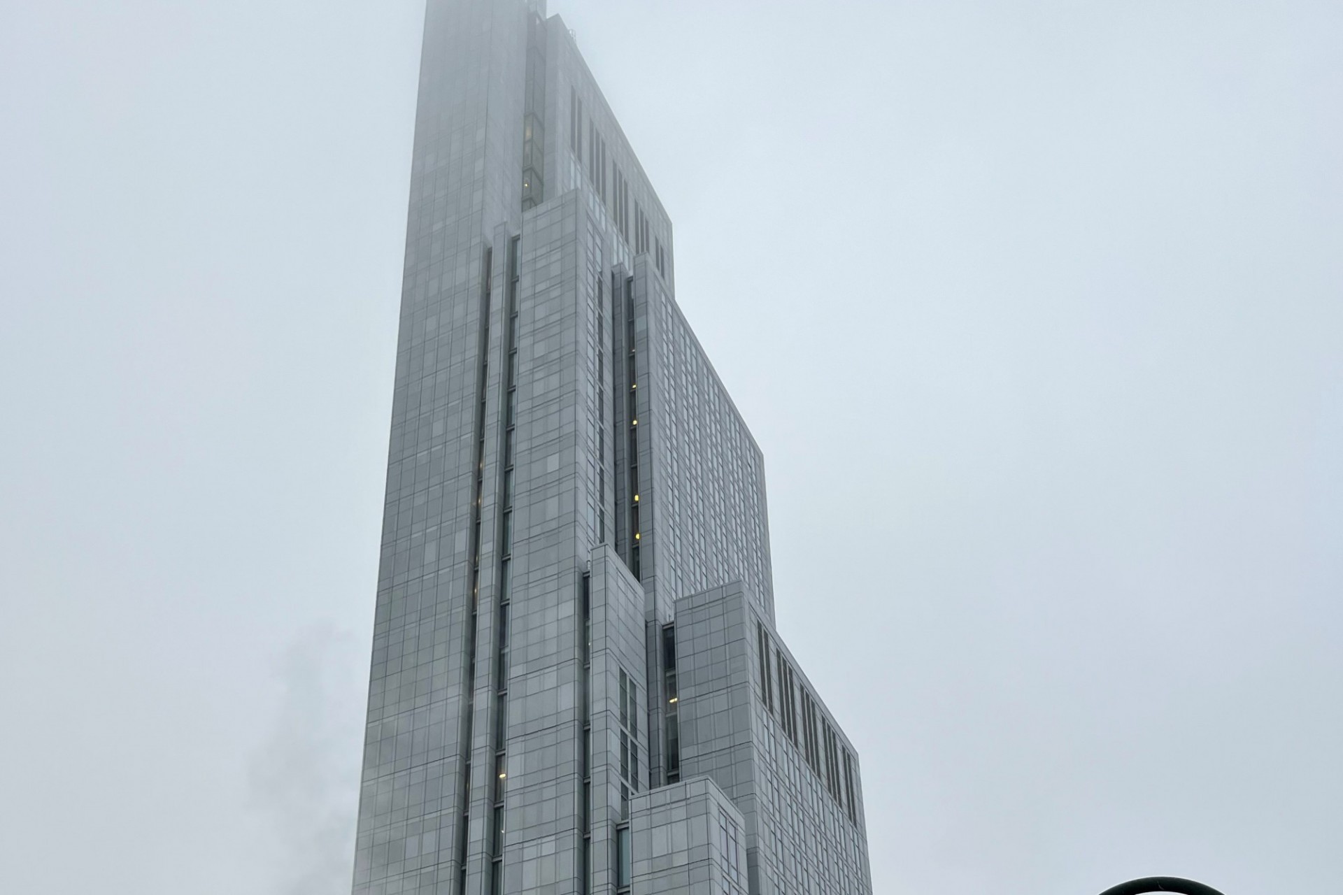 A view of the upper floors of 600 W. 125th Street on a foggy day.
