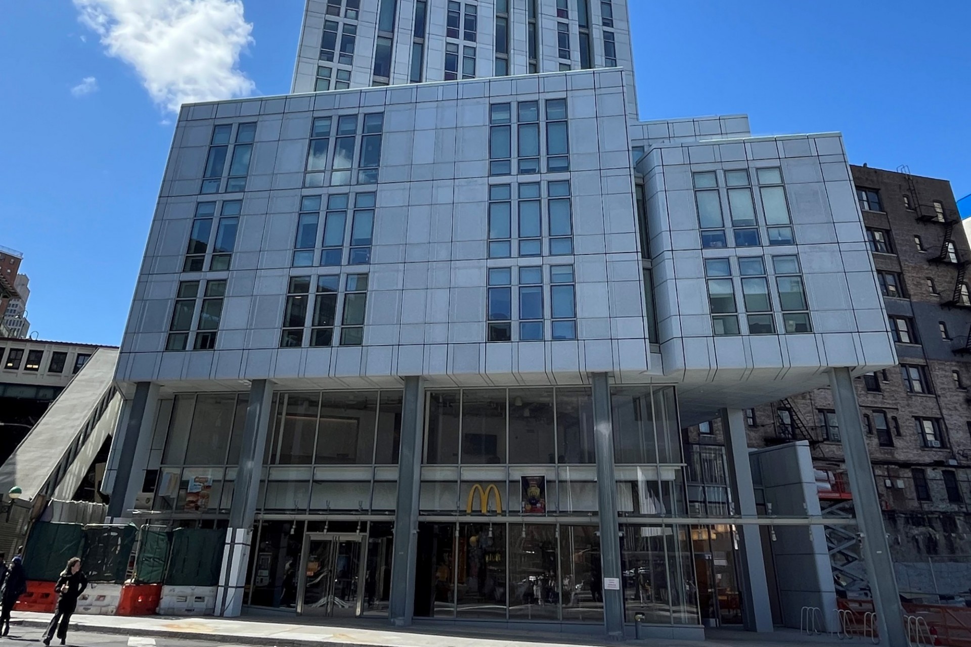 A view of the lower floors of 600 W. 125th Street on a sunny, clear day.