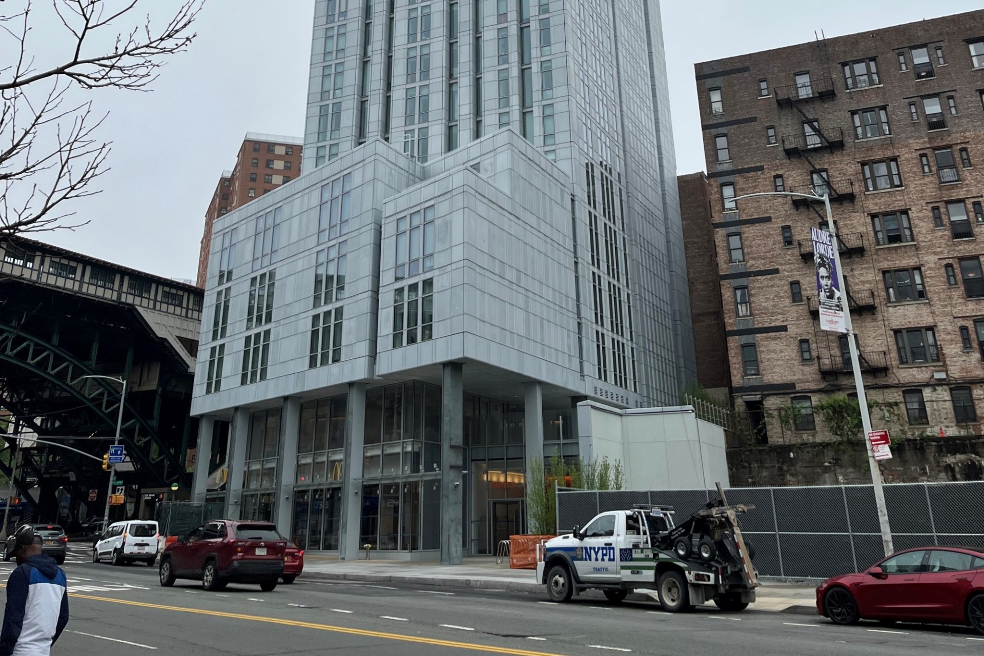 A view of the bottom floors of 600 W. 125th Street on a cloudy day. 