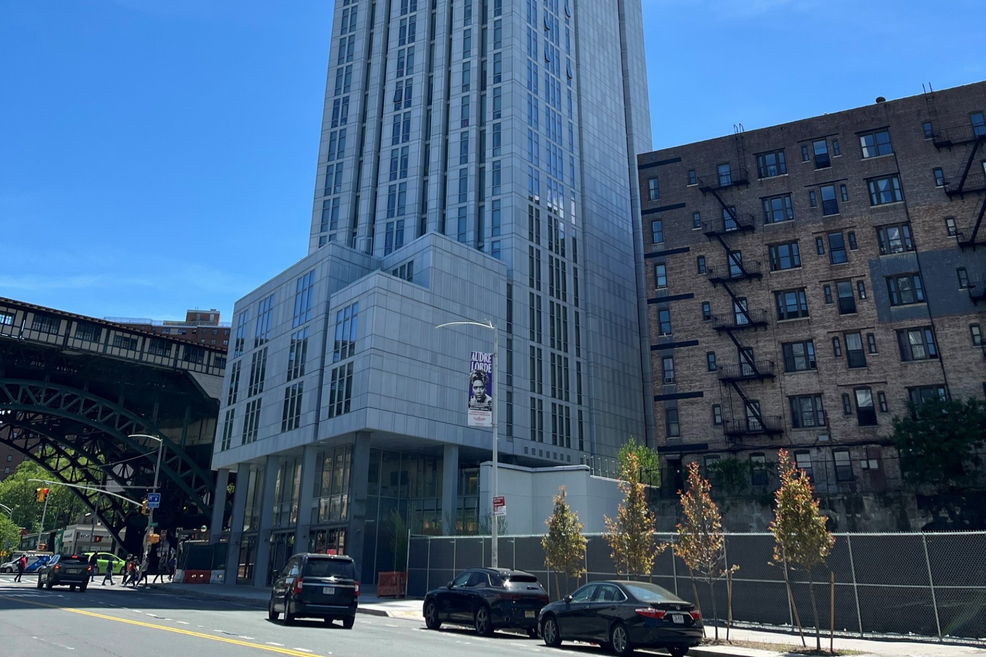 A view of the bottom floors of 600 W. 125th Street on a sunny, cloudless day. 