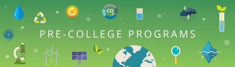 Text 'Pre-College Programs' on green background with pictures scattered (globe, solar panel, recycle symbol, test tube, microscope, water droplet, iceburg, sun, magnifying glass).