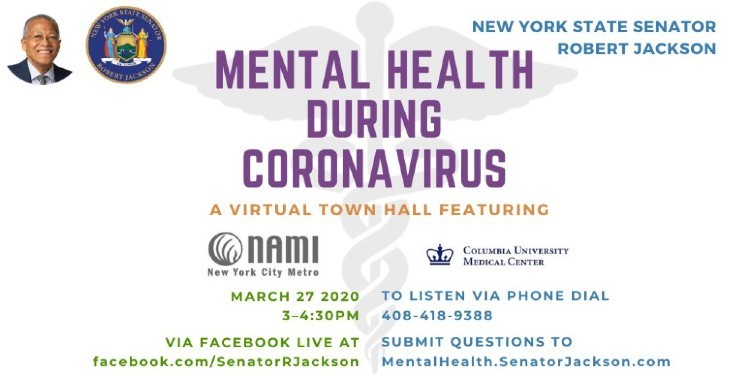 flyer with purple and blue letters including logos and headshot dates and time of event