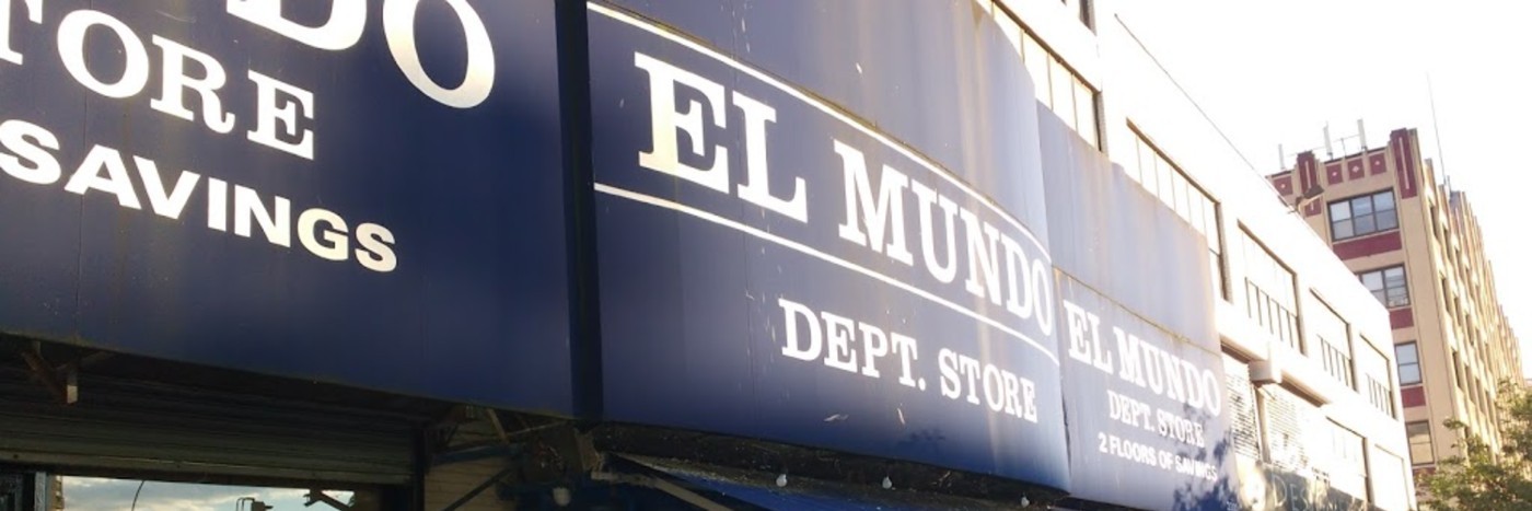 A large blue awning that says "El Mundo Dept. Store."
