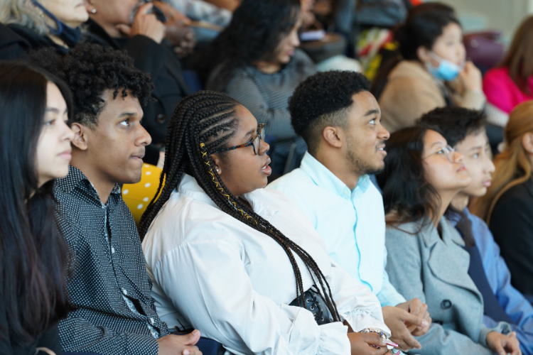 High school scholars gather at Cooperman Commons Auditorium inside of Columbia’s Business School for Columbia Business School’s First-Generation Entrepreneurs Program graduation. Photo credit: Mackey Landy