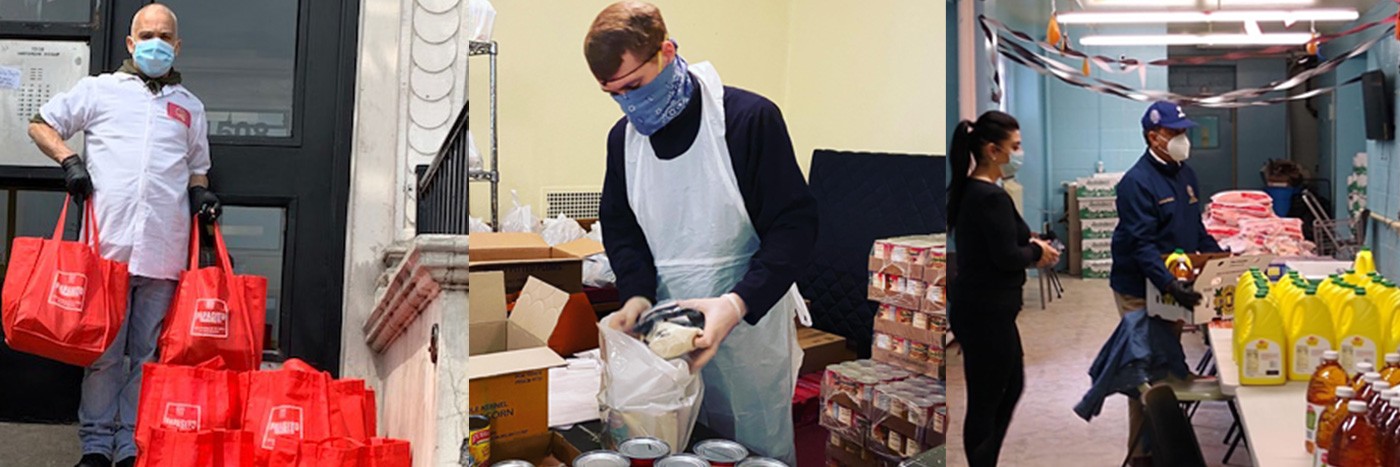 Left: Man with mask and red bags in front of building. Middle: Man with Mask putting canned goods in a bag. Right: People around a table with lots of food donations.