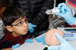 A young Saturday Science participant looks up at a vial of liquid being shown to him.