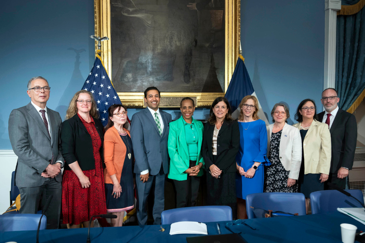 Deputy Mayor for Health and Human Services Anne Williams-Isom holds a briefing on New York City’s continued response to the asylum seeker humanitarian crisis. From left to right:  Dr. Tony Liss (City College), Dr. Nathalia Holtzman (Queens College), Dr. Mary Cavanaugh (Silberman School of Social Work at Hunter College), Deputy Chief Counsel Rahul Agarwal, Deputy Mayor for Health and Human Services Anne Williams-Isom, Georgina Dopico (NYU), Dr. Melissa D. Begg Photo credit: Ed Reed/Mayoral Photography Office